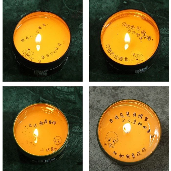 4. Soy scented candles showing the customized printing after burning 10 minutes.
