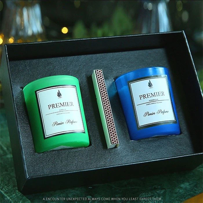 4. Soy wax scented candles with green and blue glass candleholders packaged in a gift box